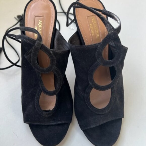 Aquazzura Black Suede Cut-out Tie Back Open-toe Stilettos Heels Pumps - Picture 3 of 10